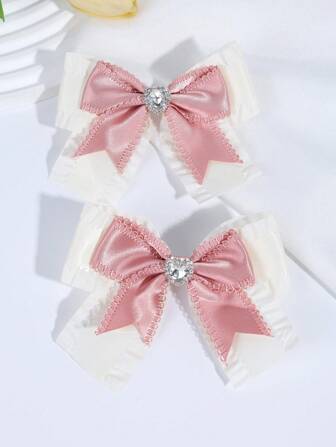 2pcs  White Pink Hair Bow For Girls Elegant Bow Hair Clips With Rhinestone For Teens Kids Hair Accessories