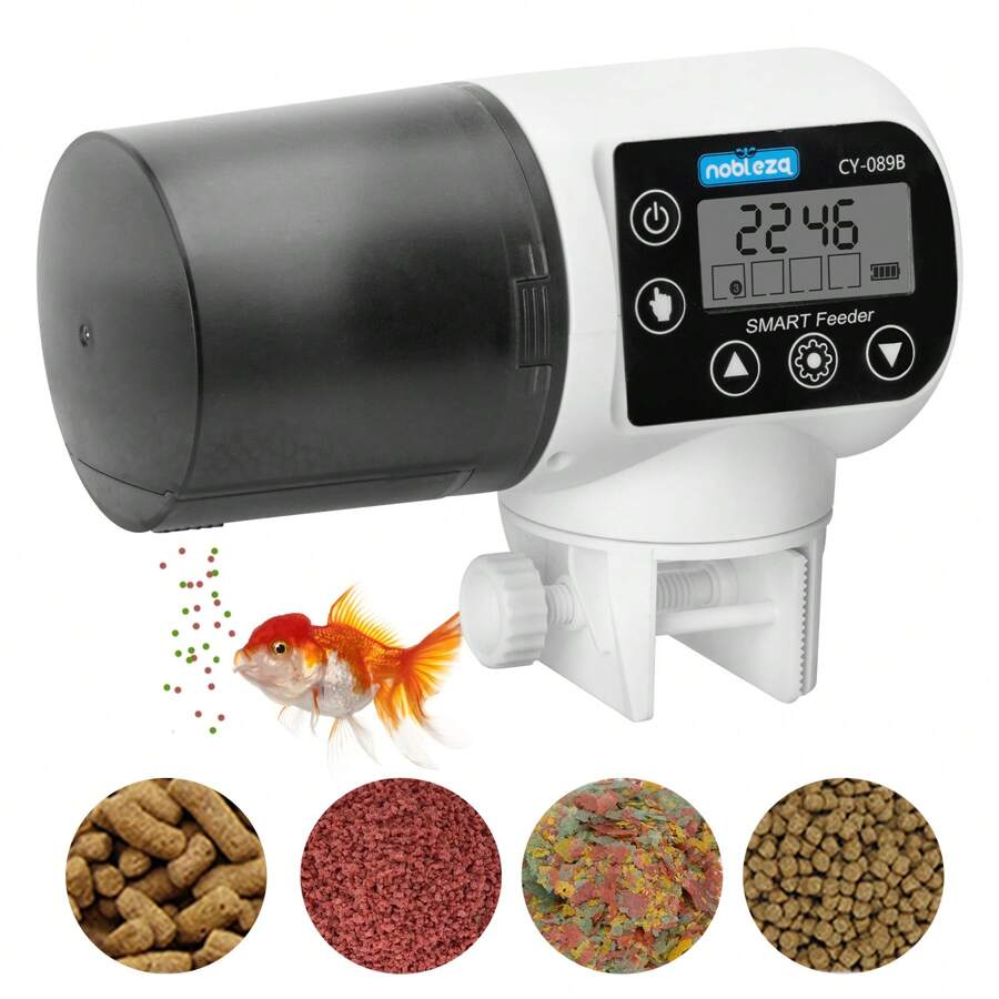 Nobleza - Futterautomat Aquarium Zubehoer Fische Futterspender 200ml Große Kapazität Fischfutter bis zu 4 Mal am Tag mit Zeitschaltuhr LCD Display für Urlaub Teich Goldfische Tank - Schwarz und Weiss - Übersicht 1