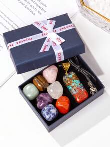 Conjunto de presente de cristal natural de 8 peças/conjunto - 7 peças de pingente de cristal polido de chakra e resina orgônica, para equilíbrio de energia e meditação
