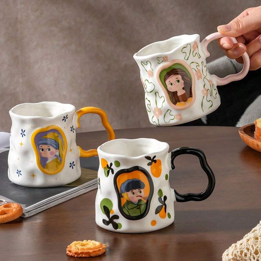 1pc卡通肖像陶瓷杯法式极简不对称手工咖啡杯家用水杯下午茶杯商用拿铁杯办公室水杯返校 - 彩色 - 查看 1