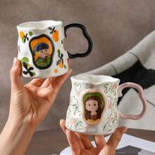 1pc卡通肖像陶瓷杯法式极简不对称手工咖啡杯家用水杯下午茶杯商用拿铁杯办公室水杯返校 - 彩色 - 查看 9