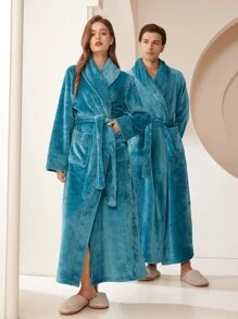 1pc Extra Long Flannel Bathrobe, Adult Flannel Bathrobe, Thermal Lined, Suitable For Hotels, Spas, Beauty Salons, Absorbent & Quick Dry, Loose Fit, Multiple Colors, Minimalist Design, Bathroom & Home Essentials - Multicolor - View 17