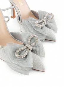 Women's Rhinestone Bow Ankle Strap Pointed Toe Pumps Elegant Wedding Party Prom Dress Stiletto Heels Shoes - Bạc - Xem 5