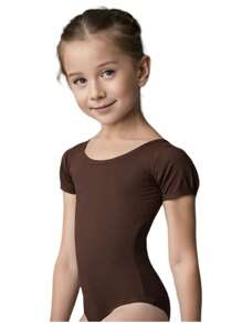 Girls Short Sleeve Cotton Leotard, Ballet Leotard Bodysuit, Sports Gymnastics, Dance And Dancing Without Print Solid Color One-Piece Clothing Clown - 咖啡棕 - 查看 2