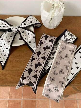 5pcs/Set Butterfly Silk Scarves & Floral Pattern Hairbands & Headband & Hair Tie, Multi-Use For Daily Life And Vacation,Bandana Turban Headband Sweatband Fall Winter Hair Band Hair Accessories For Women Women Scarf