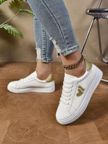 Tenis blancos para mujer, con diseño de corazón dorado de moda, casuales y cómodos, suela plana y ligera, versátiles para la escuela, el trabajo y los deportes - Blanco - Ver 5