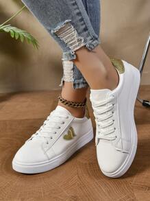 Tenis blancos para mujer, con diseño de corazón dorado de moda, casuales y cómodos, suela plana y ligera, versátiles para la escuela, el trabajo y los deportes - Blanco - Ver 4
