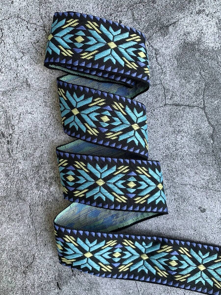 4.8cm Wide Black Base Dense Jacquard Woven Ribbon, Apparel & Guitar Strap Decor - Blue and Yellow Flowers On Black Background - View 1