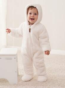 Bộ đồ liền thân dài tay có mũ trùm đầu đơn sắc có khóa kéo phía trước dành cho trẻ sơ sinh/bé gái - trắng - Xem 5