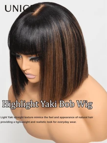 UNICE Hair Yaki Straight Human Hair Wig With Bangs Balayage Brown Highlight 4X2 T Part Lace Glueless Wigs Human Hair Ready To Wear Wig Short Bob Wigs Human Hair - 流行色(其他顏色) - 查看 3
