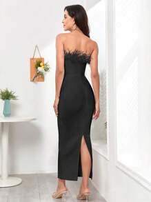 Women Sexy Love Shape Bandeau Feather Strap Dress Halter Backless  Fashion Sleeveless Gown