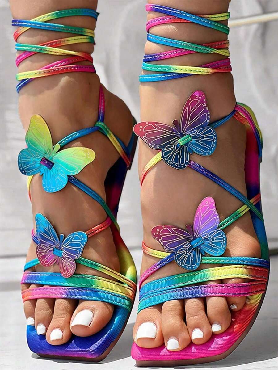 Màu gradient 3D trang trí hình con bướm Dép nữ mũi vuông, Giày đi biển thông thường có dây đeo chéo nhẹ, Giày nữ đế bằng thoải mái mới