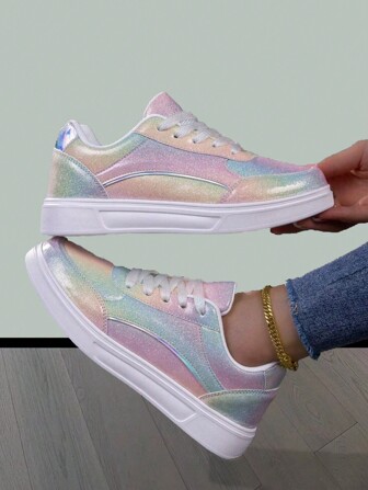 Women's Fashion Sequin Rainbow Casual Sneakers, Shiny Street Style, Party & Wedding Shoes