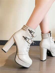 2024 春秋季新款机车靴女式潮流英伦高跟踝靴防水厚底系带靴 - 米色 - 查看 4