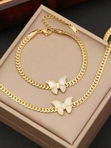 2pcs Set European And American Fashion Niche High-End Elegant Minimalist Metal Twist Clavicle Chain Necklace + Bracelet, White Butterfly Decor Stainless Steel Necklace & Bracelet