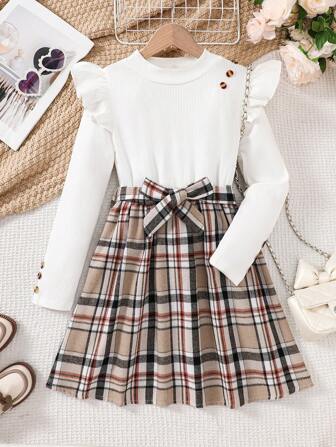 Tween Girl 1 件套荷叶边长袖上衣搭配格子束带连衣裙，舒适休闲装，适合春季、秋季 - 精美礼物