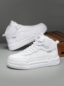 男女通用高帮平底休闲滑板鞋，系带简约设计，舒适户外运动鞋，情侣鞋 - 白色 - 查看 7