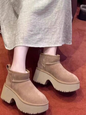 Women's Chestnut-Colored Fall/Winter New Elegant Thick-Soled Waterproof Platform Warm Thermal Lined Tall Snow Boots