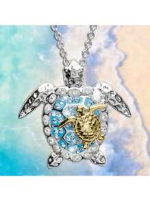 1pc Alloy Made White Gold-Plated Turtle Pendant Necklace Embedded With Zirconia Stone, Summer Fashion Jewelry - Sea Turtle - View 3