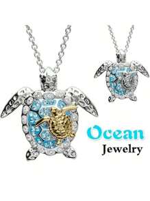 1pc Alloy Made White Gold-Plated Turtle Pendant Necklace Embedded With Zirconia Stone, Summer Fashion Jewelry - Sea Turtle - View 1