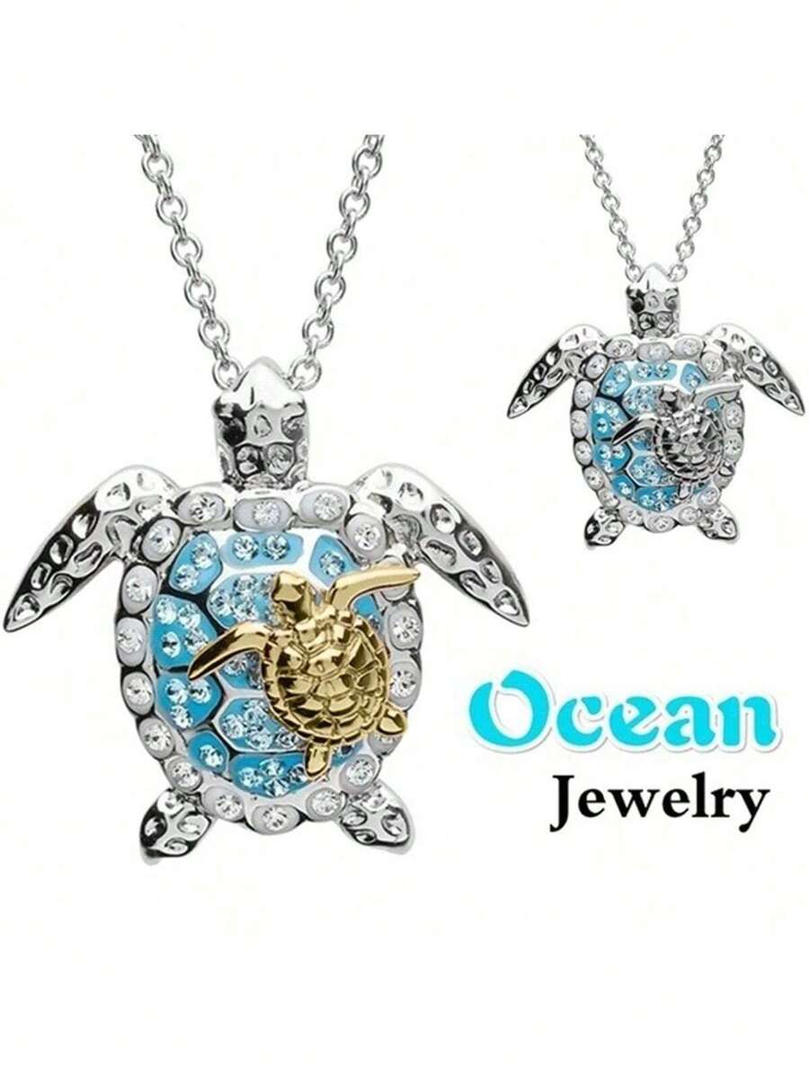 1pc Alloy Made White Gold-Plated Turtle Pendant Necklace Embedded With Zirconia Stone, Summer Fashion Jewelry - Sea Turtle - View 1