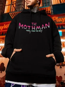 Mothman, Letter Print Pocket Hoodie, Men's Casual Long Sleeve Drawstring, Autumn And Winter - màu đen - Xem 2