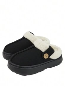 luofu 女士厚底舒适保暖室内/户外办公拖鞋，高端时尚防滑经典扣式设计圣诞/万圣节家居毛绒拖鞋，秋冬 - 黑色 - 查看 2