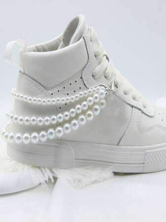 1pc Glitzy Shoe Decor INS Layered Pearl Handmade Fishing Line Braided Geometric Shoe Jewelry, For Athletic Shoes, Skate Shoes, High-Top Shoes, White Shoes