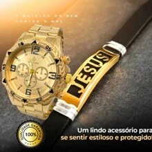 Kit Relógio Masculino Pallyjane Dourado Banhado a Ouro 18k a Prova D'água + Pulseira de Borracha Jesus