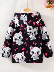 秋冬季年轻女孩休闲时尚印花卡通图案常规版型拉链连帽羊毛夹克 - 黑色 - 查看 2