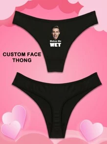 1pc Custom Boyfriend/Husband Portrait Letter Print Sexy Elastic Low Waist Women's Funny Thong Panties, Valentine's Day, Stretchy & Butt Lifting,Colorful,Cute,Adorable,Contracted,Funny,Custom,Unique,Customized,Personalized,Underwear,Thongs,Ideal Gifts For Him,Ideal Gifts For Her,Boyfriend,Girlfriend,Family,Friends,Grandparents,Her,Bridallingerie - Black - View 4
