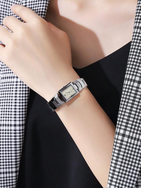 OUPAI 1pc Women's Rectangular Dial, Petite Size, Blue Sapphire Glass, Tungsten Steel Band, Casual & Elegant Swiss Quartz Movement Watch, Suitable For Daily & Party Wear