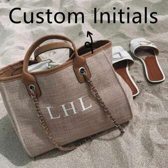 Custom Light Grey, Beige Monogram Canvas Tote Bag, Initial Handbag, Beach Bag, Bride & Birthday Gift, Chain Tote Bag Summer, Personalised Chain Monogram Canvas Tote Bag | Holiday Travel Airport Beach Bag, School Supplies, For Teenagers, Junior High School Students, Middle School Students, High School Senior High School Students, College Students, University Students, Freshman, Sophomore, Underclassmen,Customized Women Shoulder Bags,Street Casual Chic,Bags & Luggage,2025 Halloween Accessories,Large Capacity,New Year Glamour