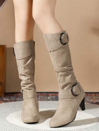 Botas de tacón grueso de puntera redonda con cremallera lateral hasta la pantorrilla, botas de montar de moda de otoño e invierno para mujer con tacón alto, estilo versátil de vacaciones, botas de tacón de gatito, fiesta