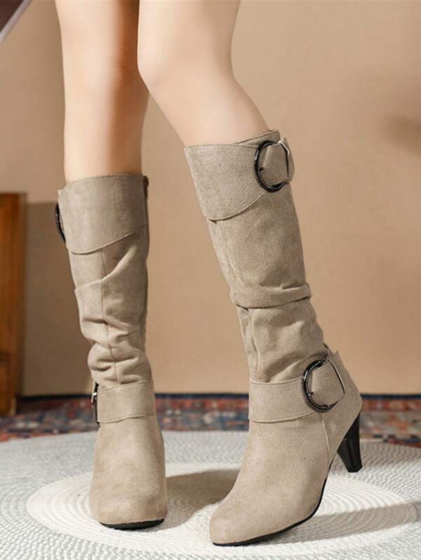 Round Toe Chunky Heeled Side Zip Mid-Calf Boots, Women's Autumn Winter Fashion High Heel Riding Boots, Versatile Vacation Style,Kitten Heel Boots,Party