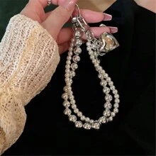 Cadena de teléfono con estilo frío y minimalista, de doble cadena con perlas, versátil y antiperdiida, regalo ideal para madre, familia, amigos, cumpleaños, vacaciones