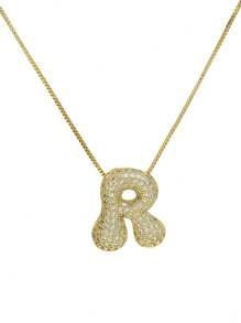 1 pezzo Collana con ciondolo a lettera da A a Z, esageratamente deformata, micropavé con zirconi cubici, placcata in oro 18K, ciondolo a iniziale per uomo e donna