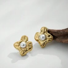 1 Pair Golden Stainless Steel Faux Pearl Elegant Women Earrings