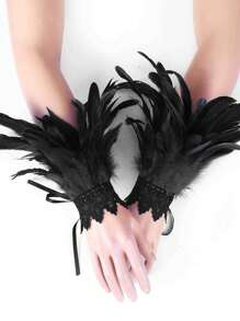 1pair Gothic Style Feather Bracelet Lace Feathers Wristband For Women Costume Party Accessories - Multicolor - View 4