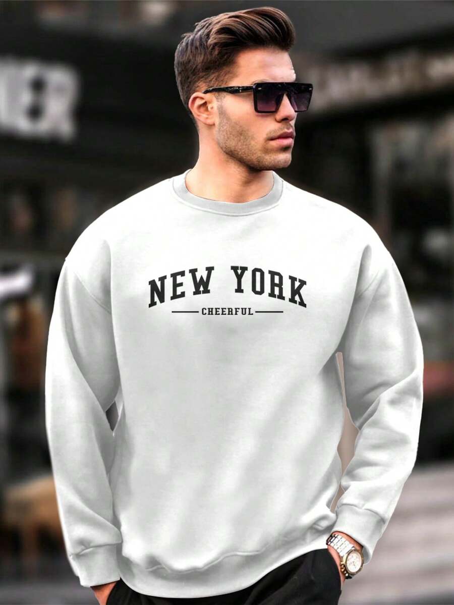 Men's Round Neck Sweatshirt Basic Cotton Printed New York - 白色 - 查看 1
