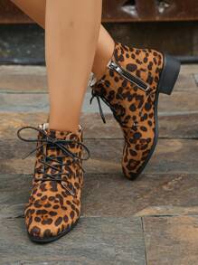 女式仿麂皮豹纹踝靴，带侧拉链，欧式风格，黑色，尺码 36-43，秋季鞋 - 彩色 - 查看 4