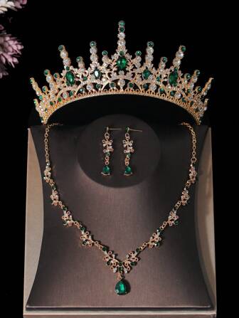 1 套金色新娘配饰，绿色水钻装饰皇冠、项链、耳环，4 件婚礼首饰套装，适合婚礼、派对和仪式