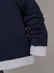 男童舒适保暖带内衬洛杉矶印花撞色套头连帽衫，适合休闲户外穿着，秋季款 - 藍色 - 查看 5