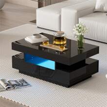 Okwish Rectangular Coffee Table, LED High-Gloss Side Table For Bedroom, Living Room Tables With Storage Space For The Living Room, Side Table With Four Drawers