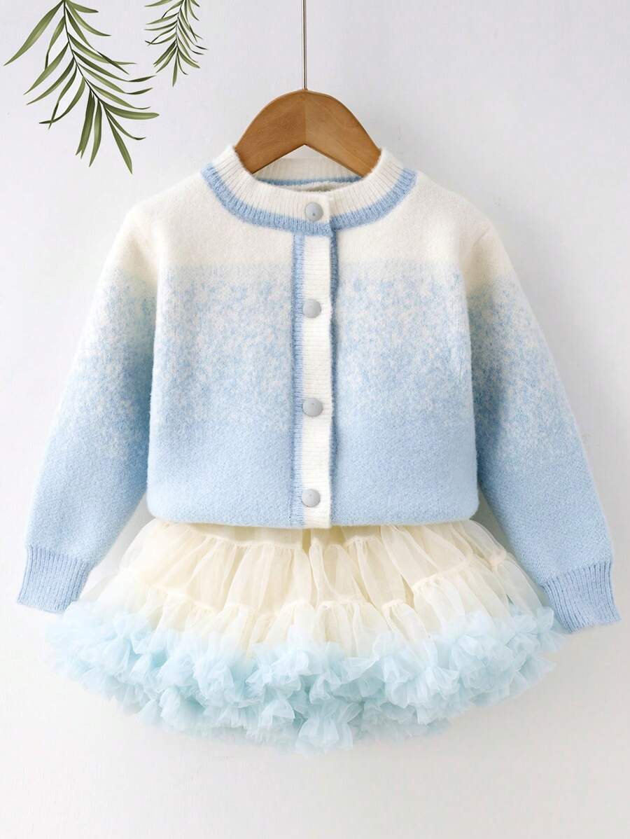 Young Girl Gradient Color Front Button Long Sleeve Sweater Top And Tulle Mini Skirt Set - Blue - View 1