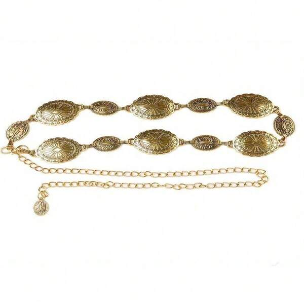 Silver & Gold Hollow Boho Style Chain Belt, Adjustable Fashion Metal Inlay Waist Belt For Women, Party Summer, School Fall, Autumn, Halloween