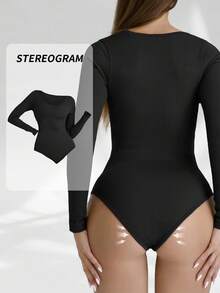 Aaseow Bộ đồ liền thân dài tay co giãn cao không đường may dành cho nữ, kiểm soát bụng, thân thiện với da, nhanh khô, cổ tròn, định hình cơ thể - màu đen - Xem 4