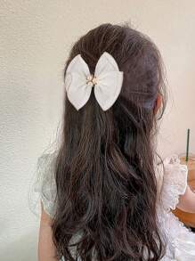 2个米色网纱发夹，适合女孩，优雅珍珠蝴蝶结鳄鱼夹，纯色透明发夹，婚礼派对发夹，儿童女孩蝴蝶结发夹，儿童发饰 - 米色 - 查看 3