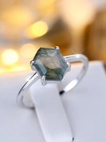 优雅纯银六角形绿玛瑙戒指，女士订婚/结婚/周年纪念/生日礼物 - 綠色 - 查看 4