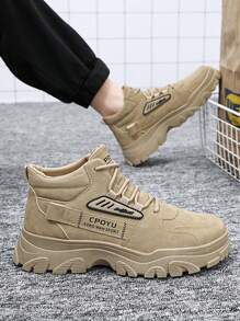 Botas oxford y derby de PU de punta redonda de color sólido de moda para hombres, cómodas zapatillas antideslizantes para hombres, botas de moda para hombres para salir, deportes y todos los días.